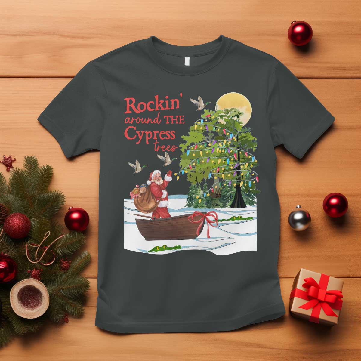 funny-christmas-cajun-louisiana-t-shirt-rockin-around-the-cypress-trees-santa-alligator