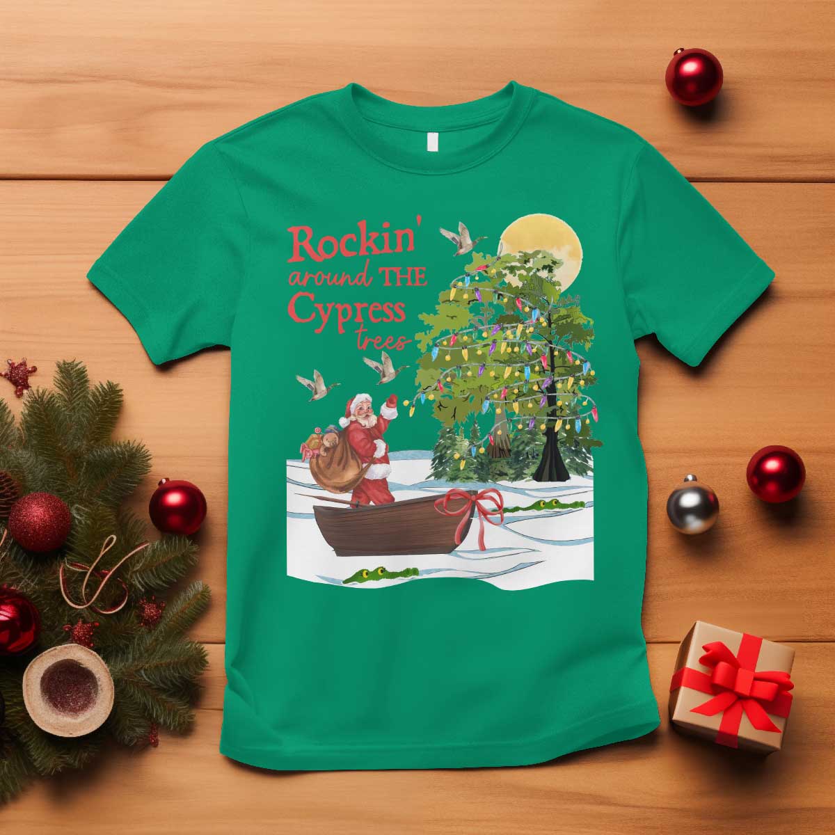funny-christmas-cajun-louisiana-t-shirt-rockin-around-the-cypress-trees-santa-alligator