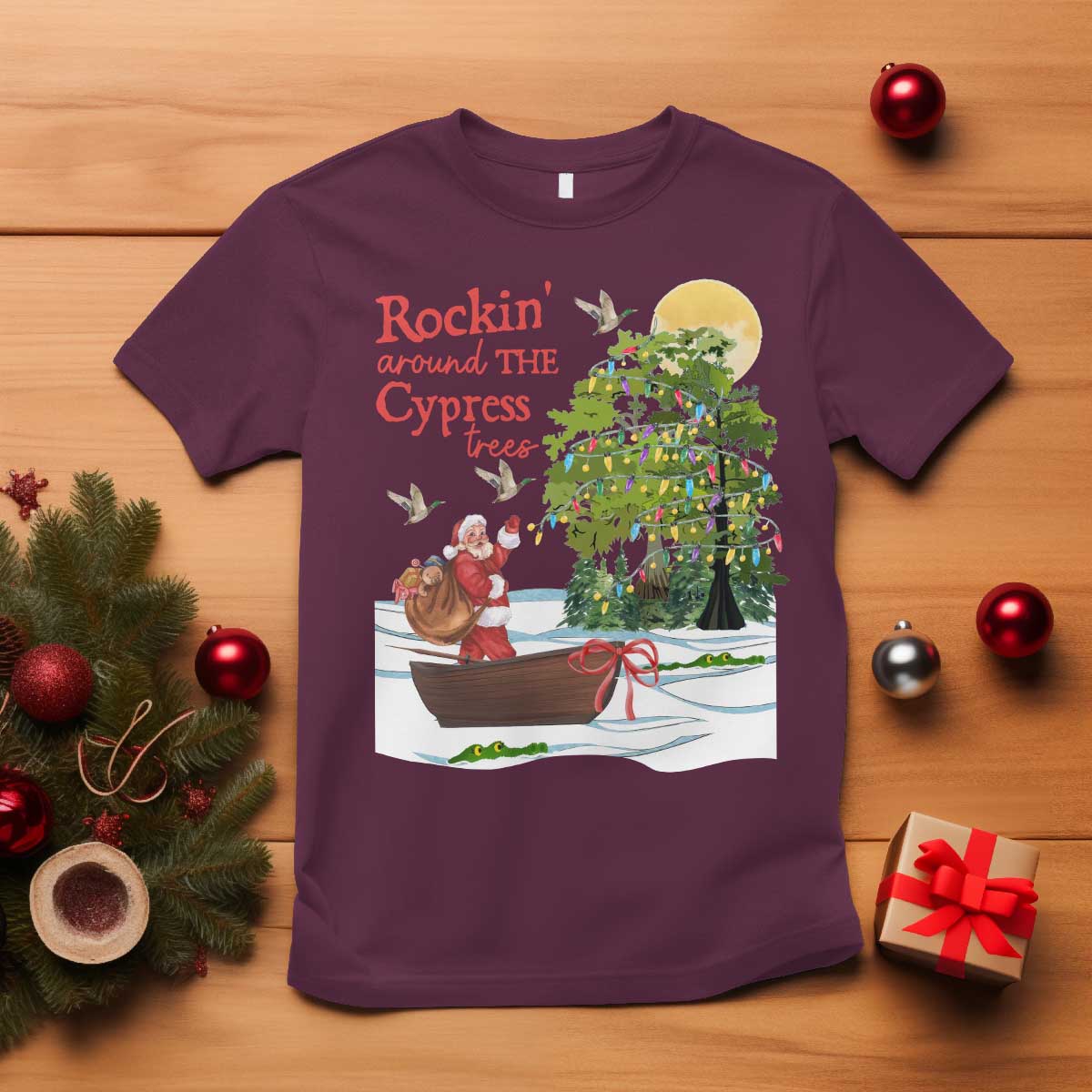 funny-christmas-cajun-louisiana-t-shirt-rockin-around-the-cypress-trees-santa-alligator