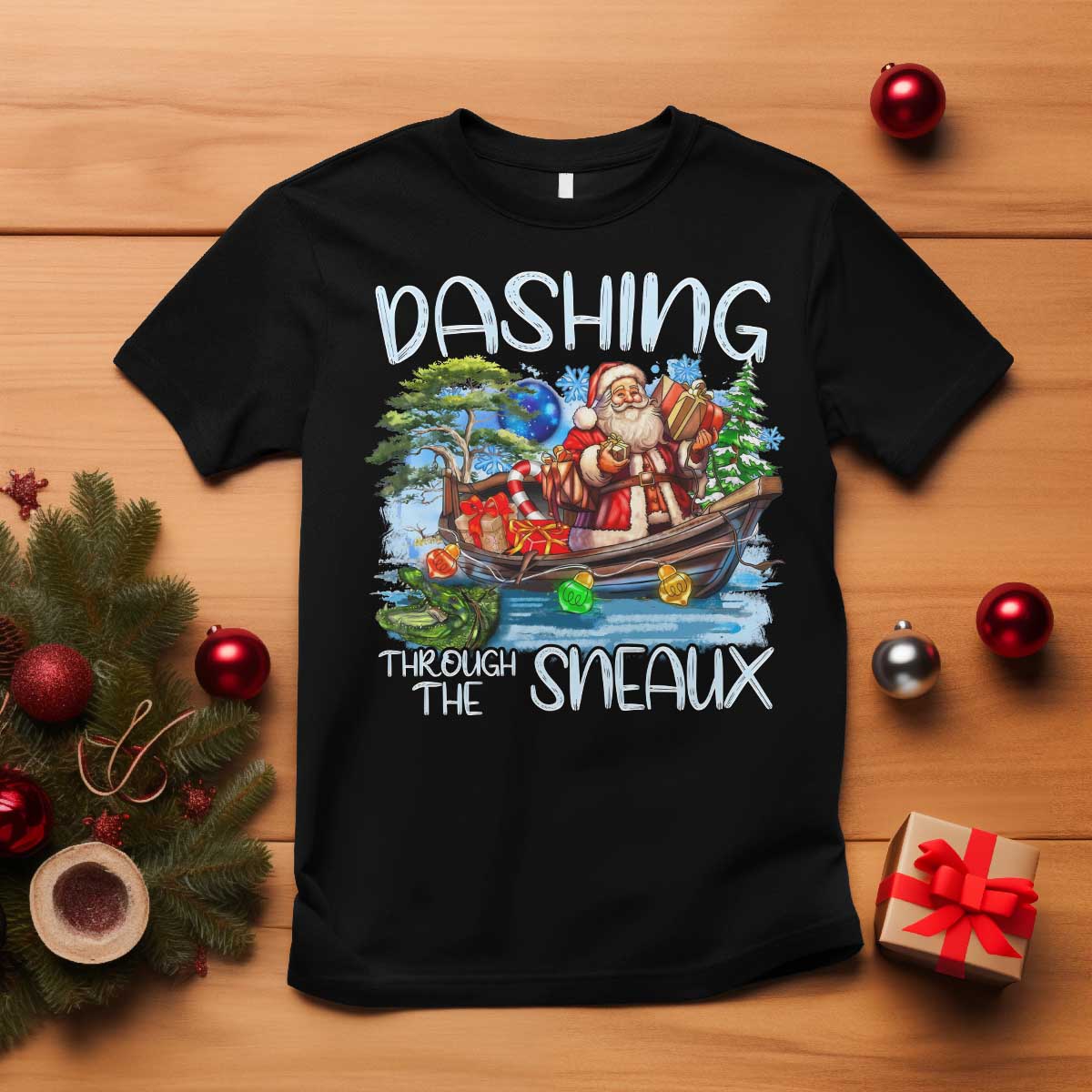 funny-christmas-cajun-louisiana-t-shirt-dashing-through-the-sneaux-santa-alligator