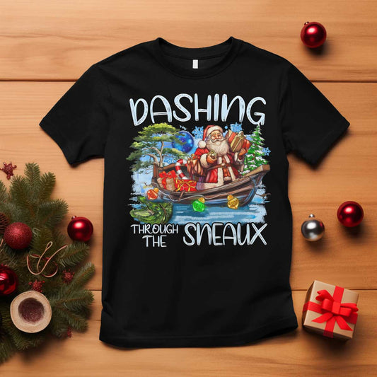funny-christmas-cajun-louisiana-t-shirt-dashing-through-the-sneaux-santa-alligator