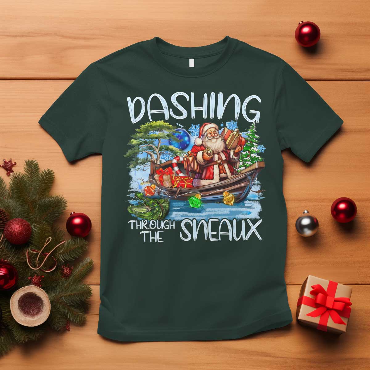 funny-christmas-cajun-louisiana-t-shirt-dashing-through-the-sneaux-santa-alligator