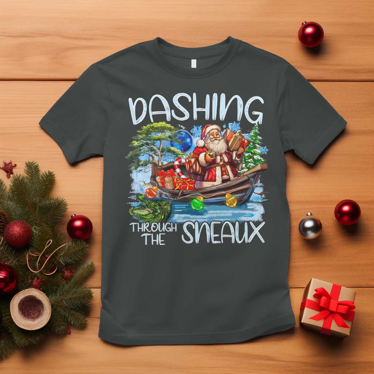 funny-christmas-cajun-louisiana-t-shirt-dashing-through-the-sneaux-santa-alligator