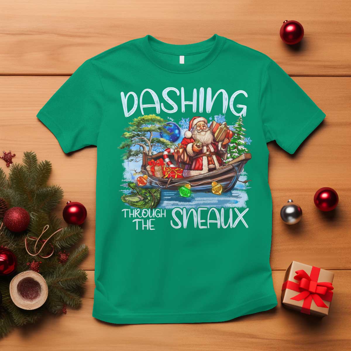 funny-christmas-cajun-louisiana-t-shirt-dashing-through-the-sneaux-santa-alligator