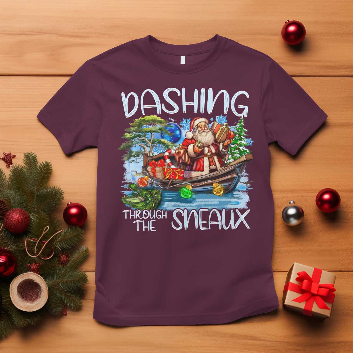 funny-christmas-cajun-louisiana-t-shirt-dashing-through-the-sneaux-santa-alligator