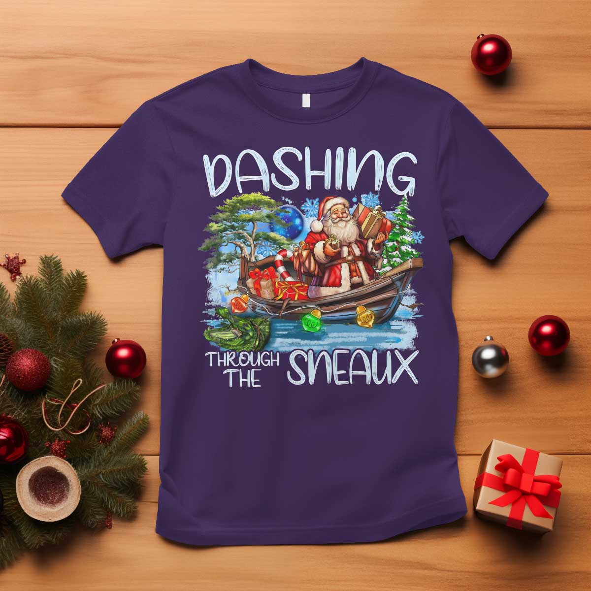 funny-christmas-cajun-louisiana-t-shirt-dashing-through-the-sneaux-santa-alligator