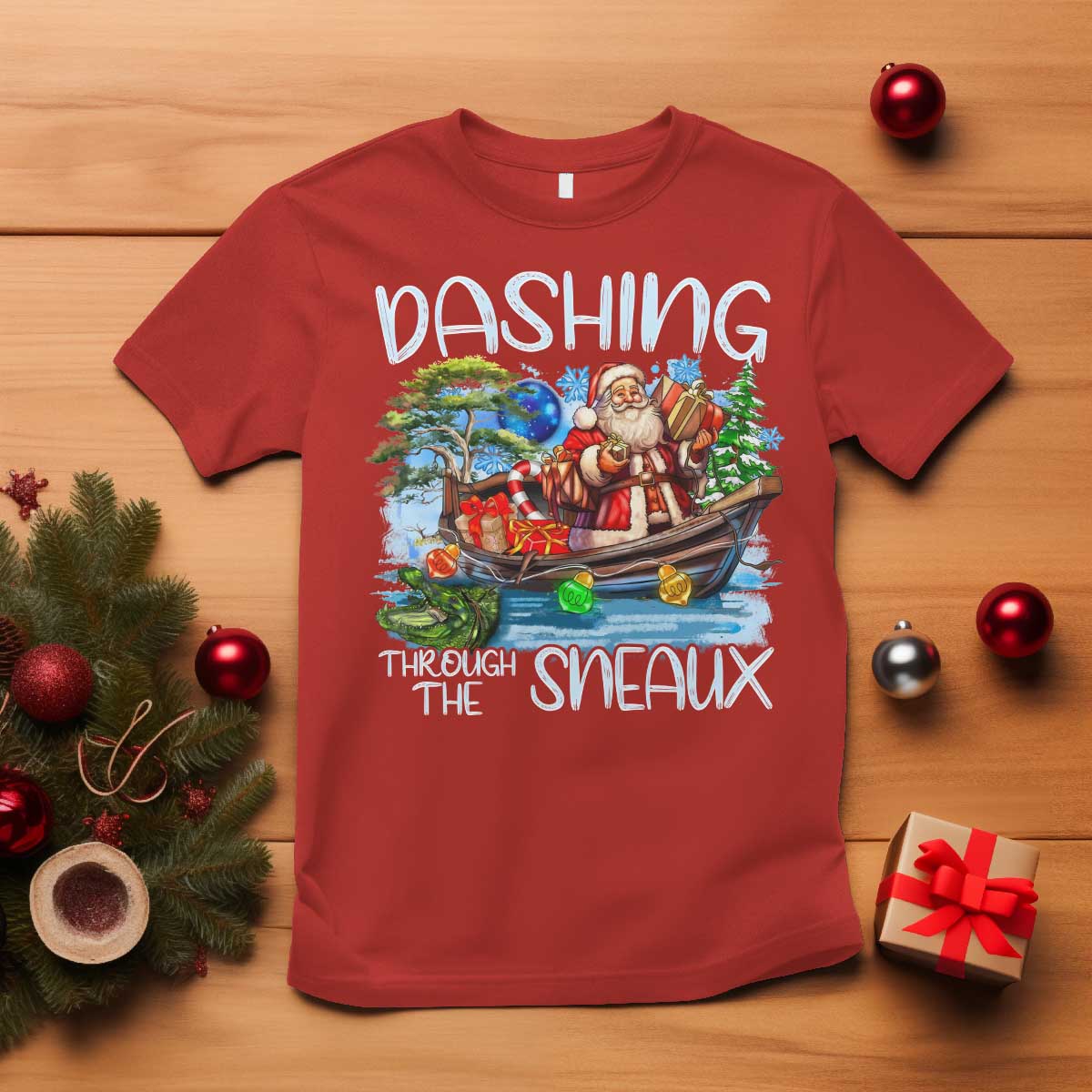 funny-christmas-cajun-louisiana-t-shirt-dashing-through-the-sneaux-santa-alligator