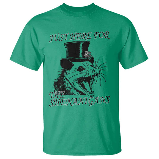 funny-st-patricks-day-opossum-t-shirt-just-here-for-the-shenanigans-shamrock