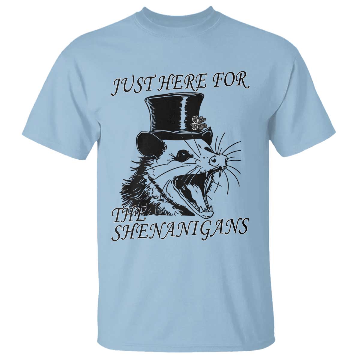 funny-st-patricks-day-opossum-t-shirt-just-here-for-the-shenanigans-shamrock
