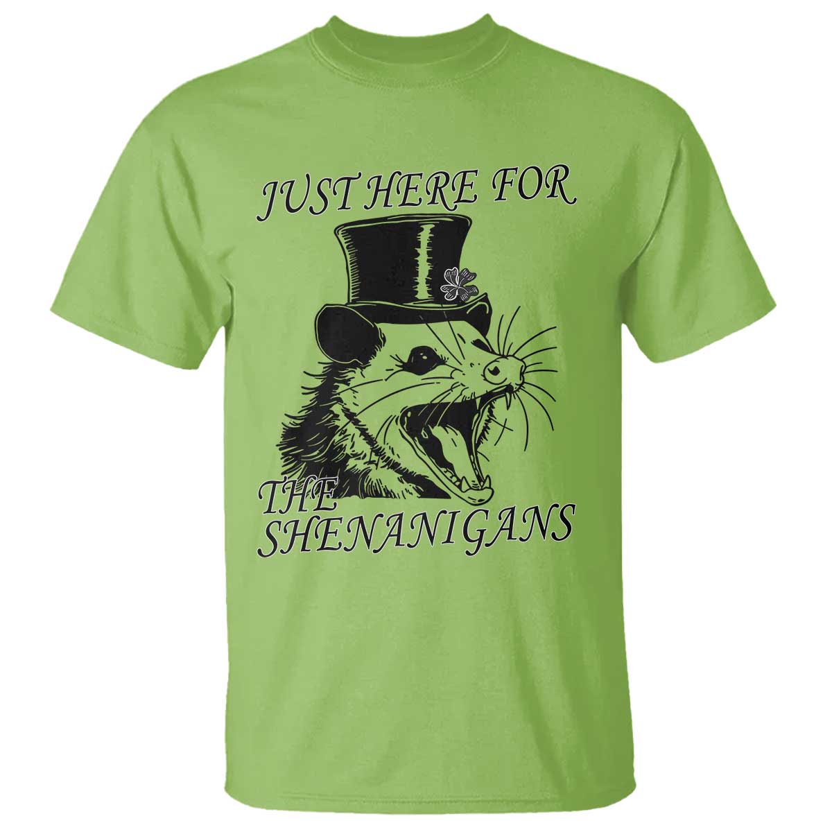 funny-st-patricks-day-opossum-t-shirt-just-here-for-the-shenanigans-shamrock