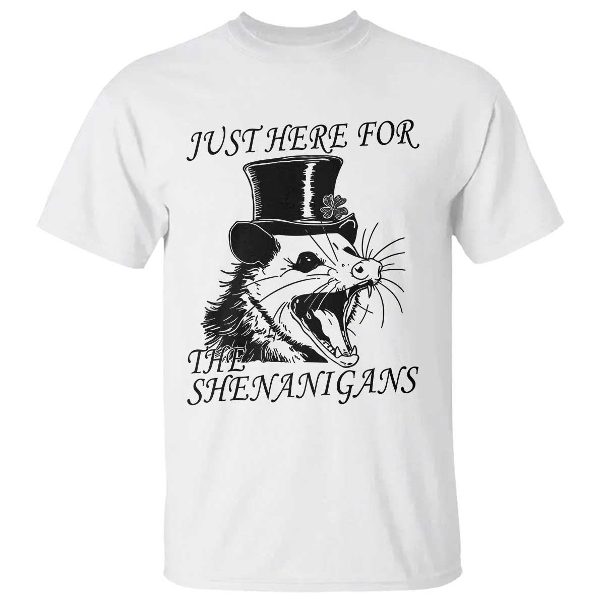 funny-st-patricks-day-opossum-t-shirt-just-here-for-the-shenanigans-shamrock