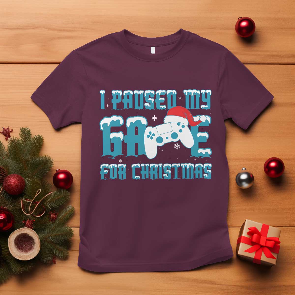 funny-christmas-gamers-t-shirt-i-paused-my-game-for-christmas-snowy-santa-hat