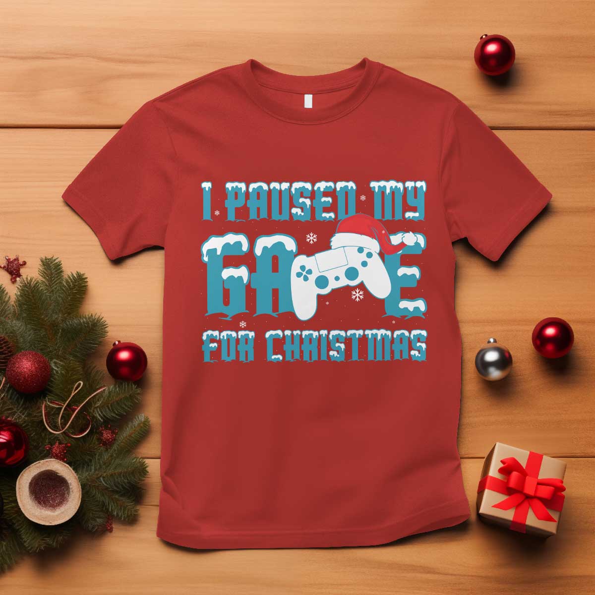 funny-christmas-gamers-t-shirt-i-paused-my-game-for-christmas-snowy-santa-hat