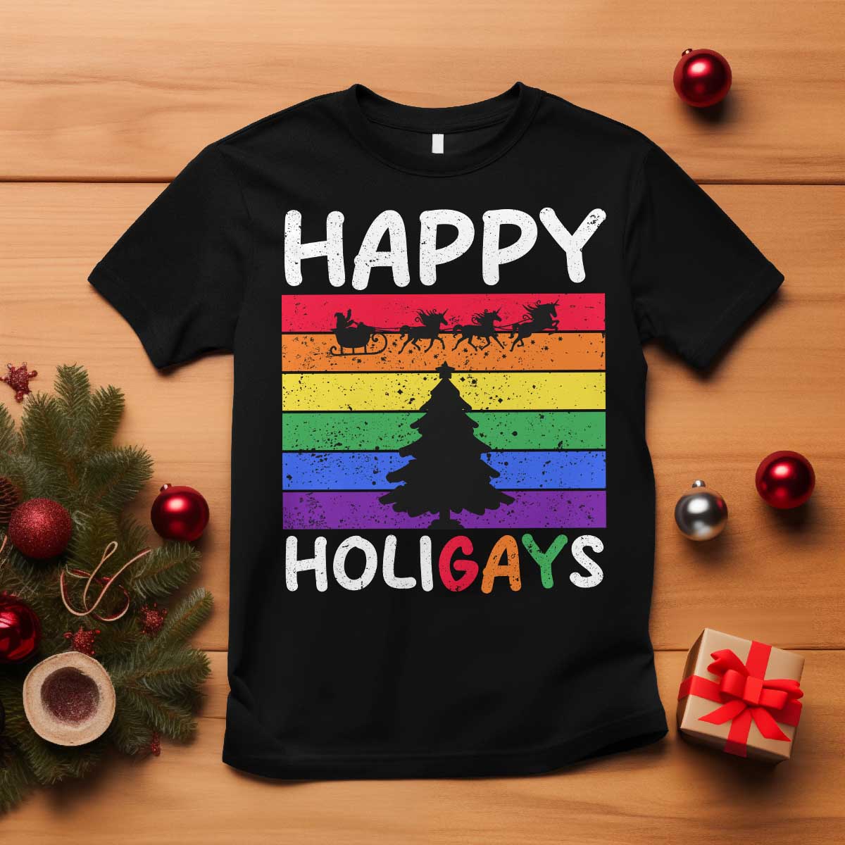 funny-lgbt-christmas-t-shirt-happy-holigays-rainbow-stripes-unicorn-santa