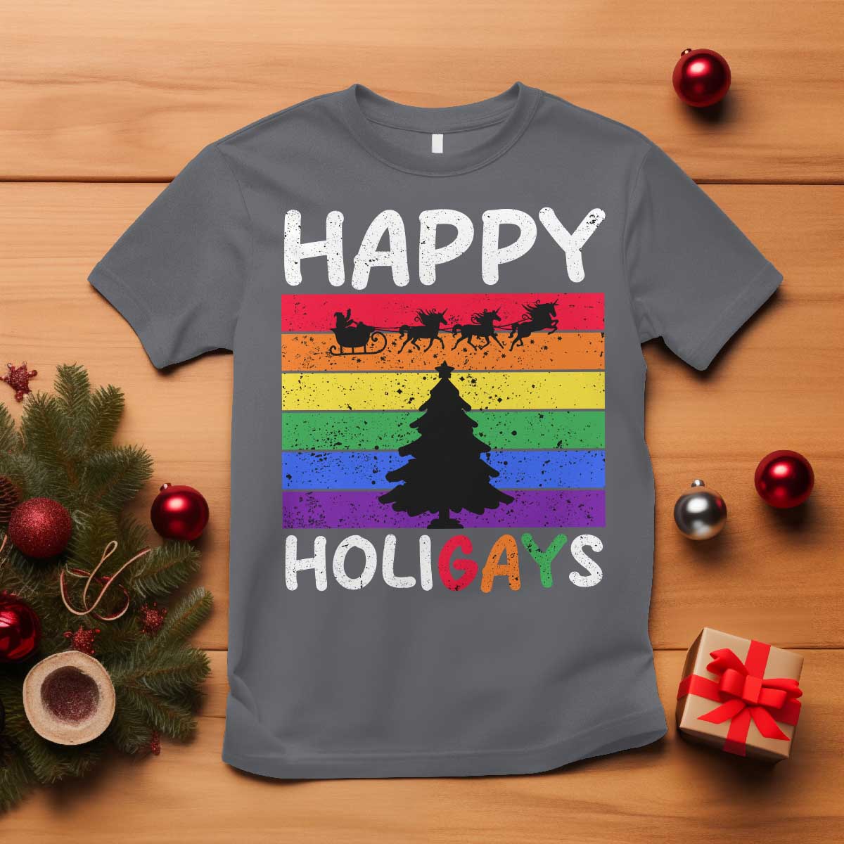 funny-lgbt-christmas-t-shirt-happy-holigays-rainbow-stripes-unicorn-santa