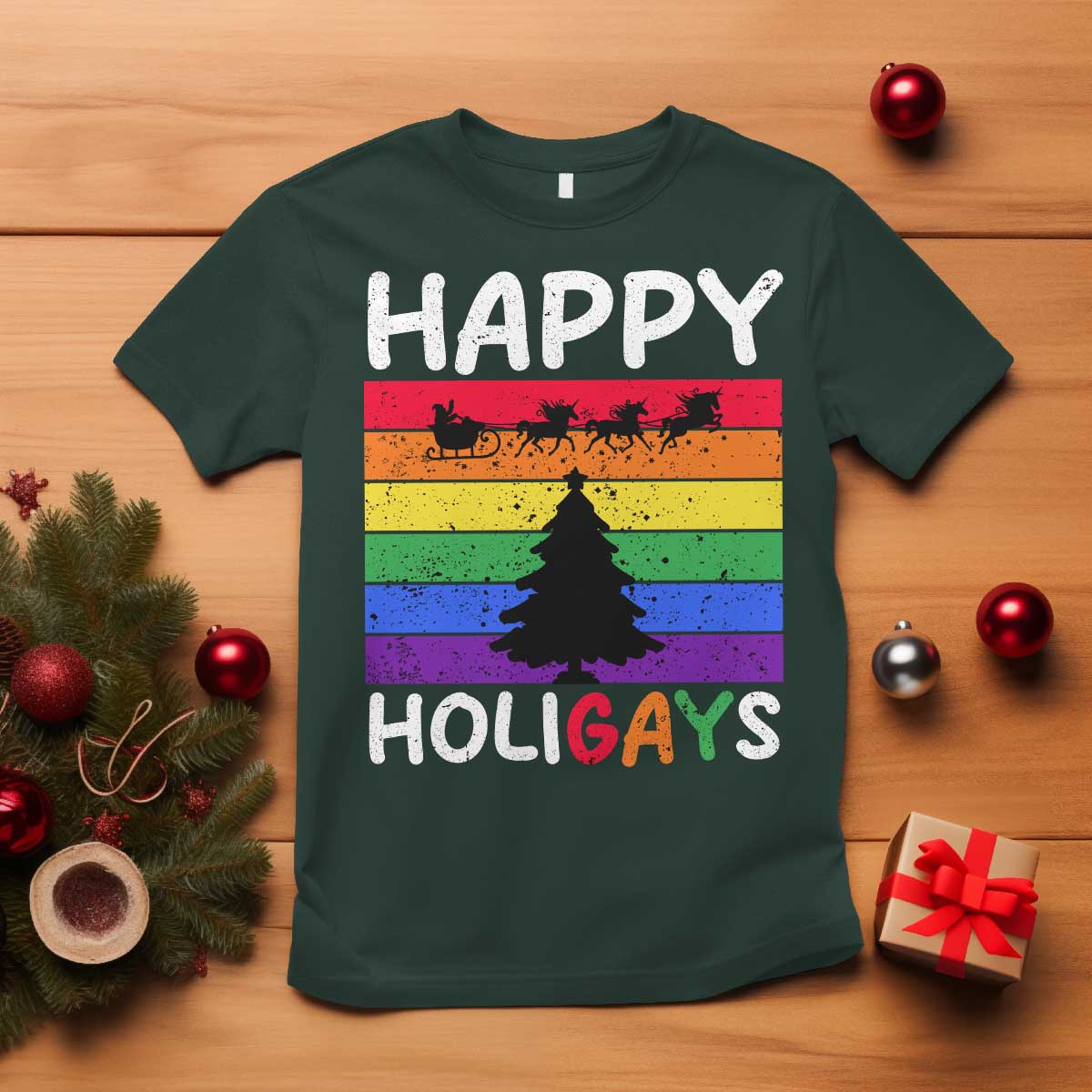 funny-lgbt-christmas-t-shirt-happy-holigays-rainbow-stripes-unicorn-santa