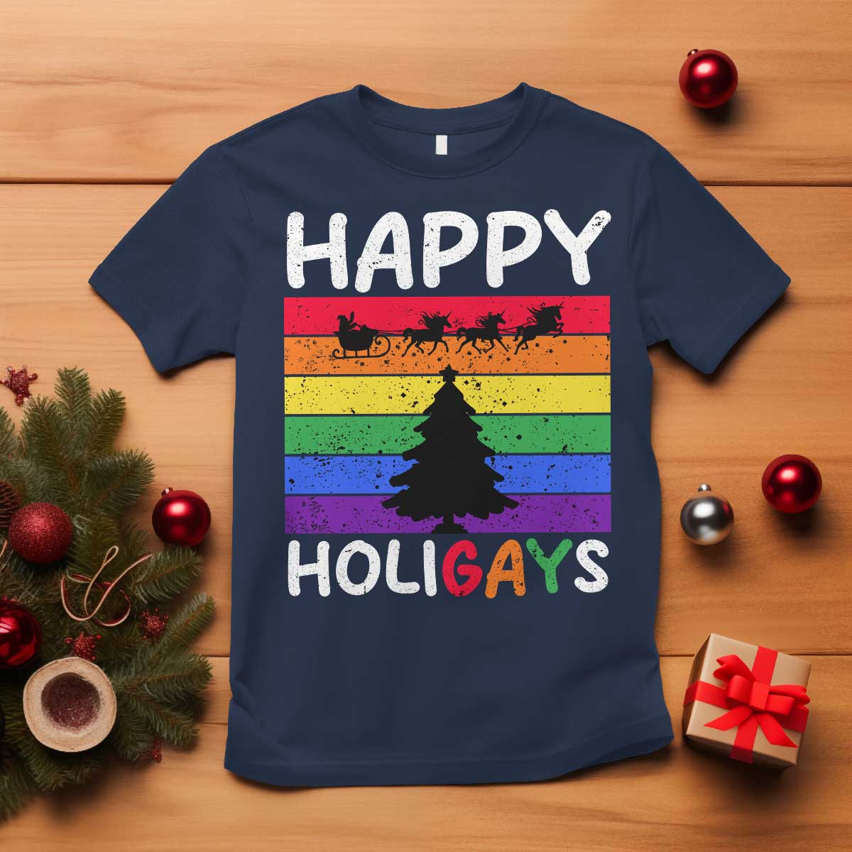 funny-lgbt-christmas-t-shirt-happy-holigays-rainbow-stripes-unicorn-santa
