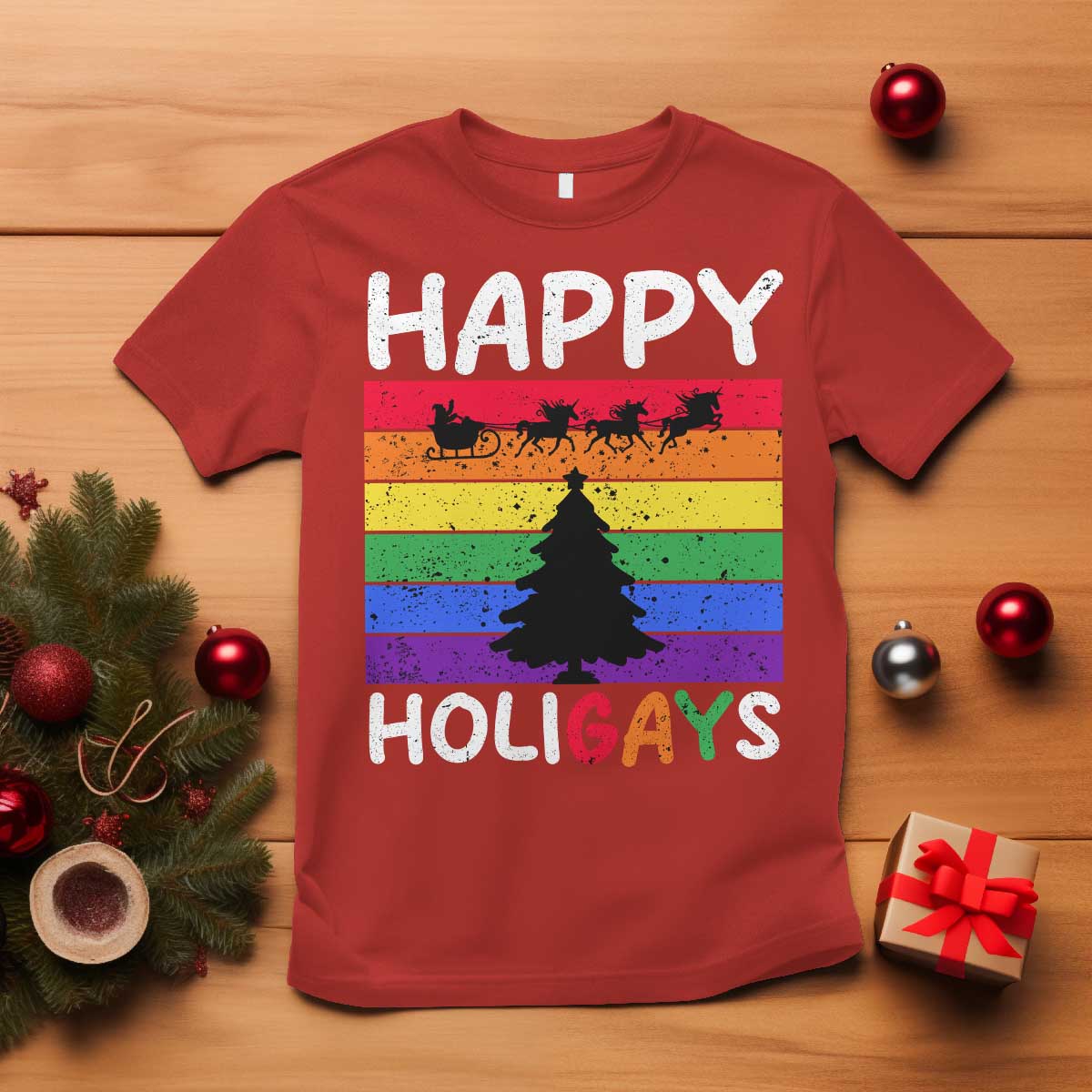 funny-lgbt-christmas-t-shirt-happy-holigays-rainbow-stripes-unicorn-santa