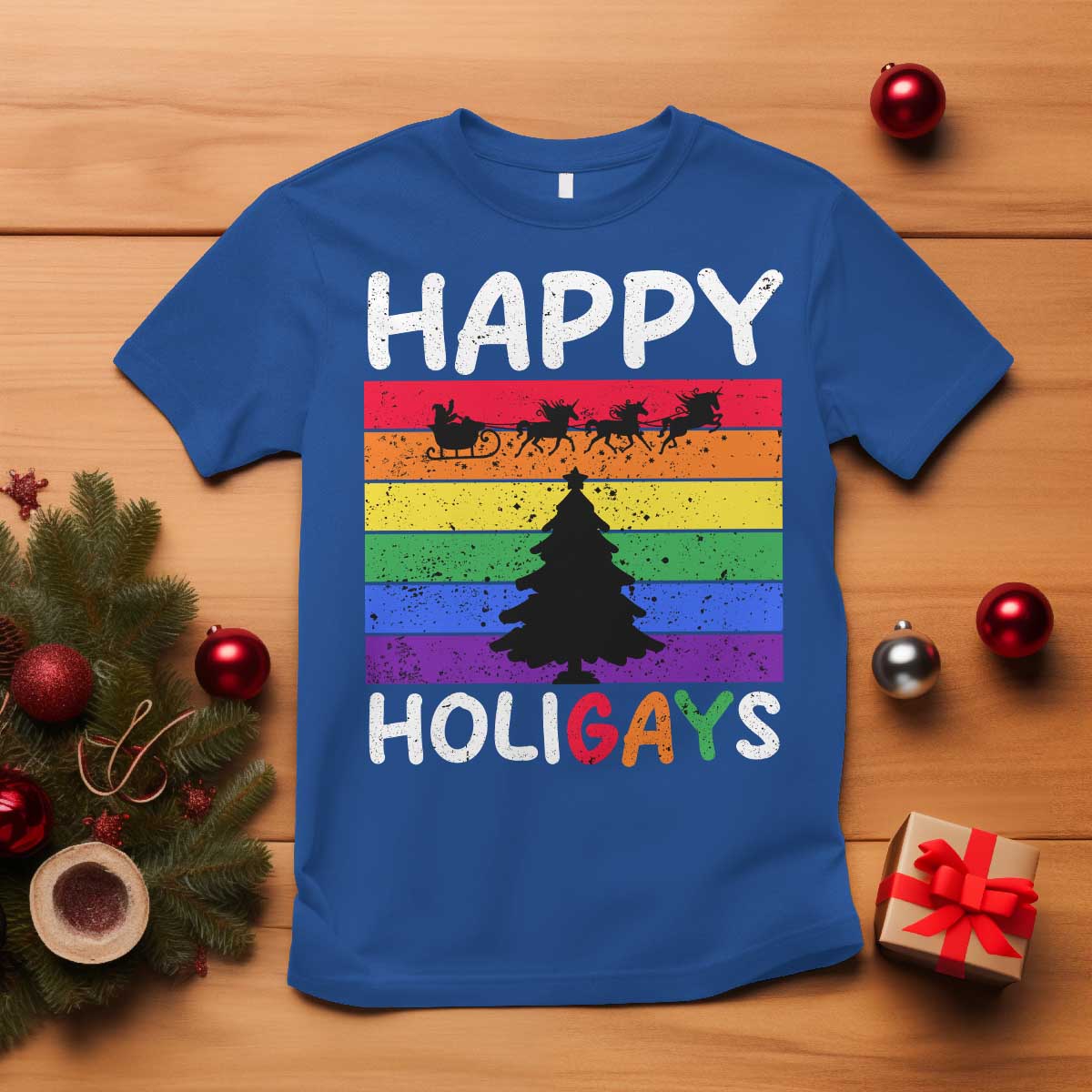 funny-lgbt-christmas-t-shirt-happy-holigays-rainbow-stripes-unicorn-santa