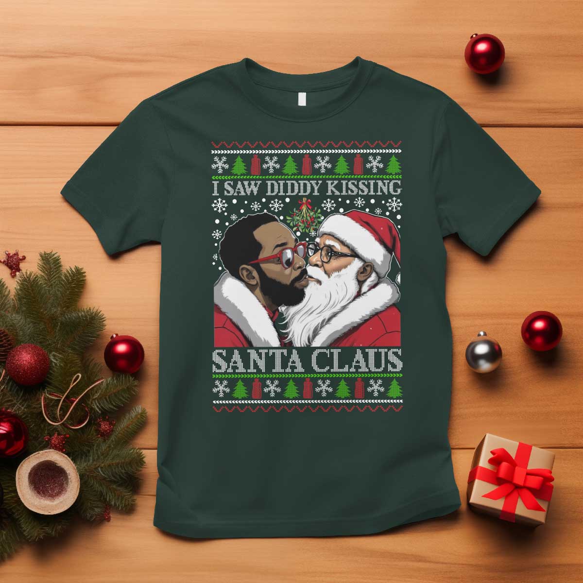 funny-i-saw-diddy-kissing-santa-claus-christmas-mistletoe-t-shirt