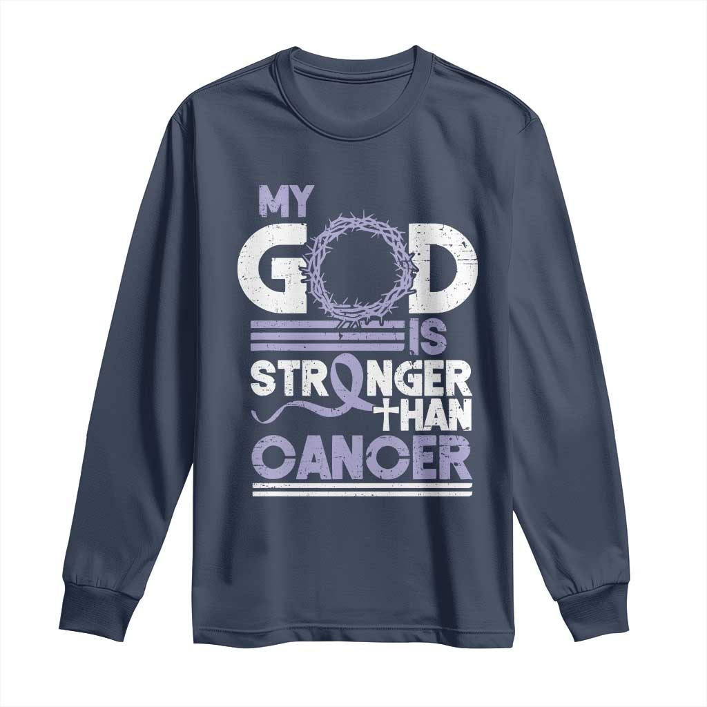 All Cancer Support Long Sleeve Shirt My God Is Stronger Than Cancer Lavender Ribbon