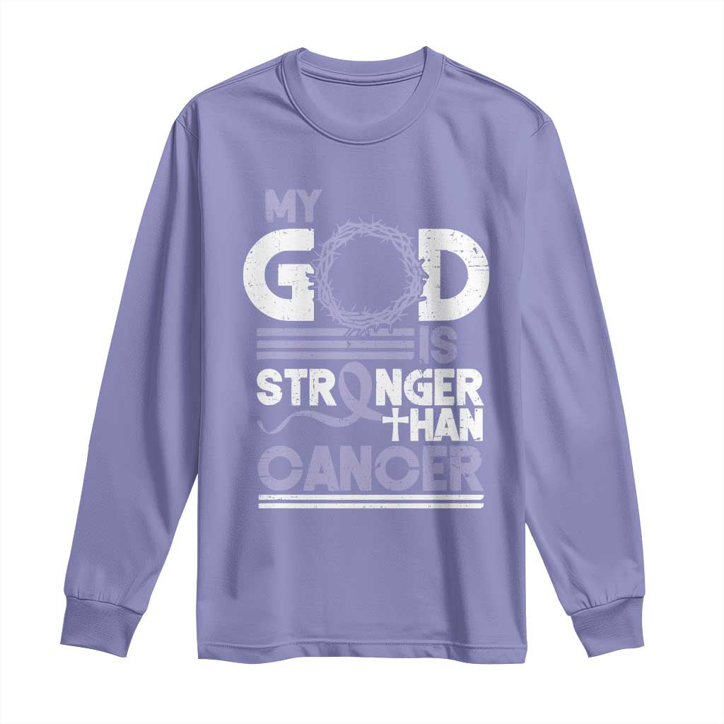 All Cancer Support Long Sleeve Shirt My God Is Stronger Than Cancer Lavender Ribbon