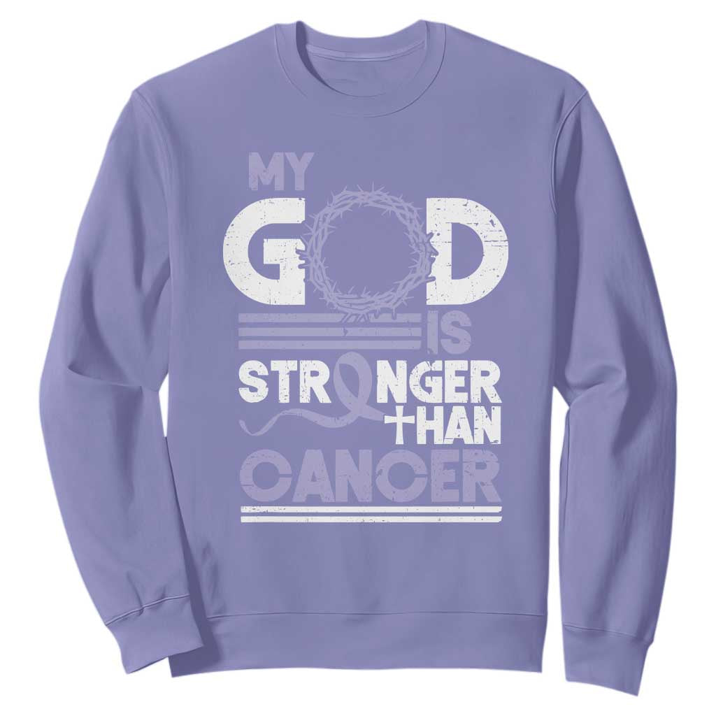 All Cancer Support Sweatshirt My God Is Stronger Than Cancer Lavender Ribbon