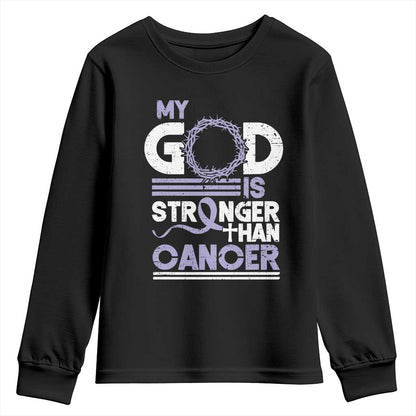 All Cancer Support Youth Sweatshirt My God Is Stronger Than Cancer Lavender Ribbon