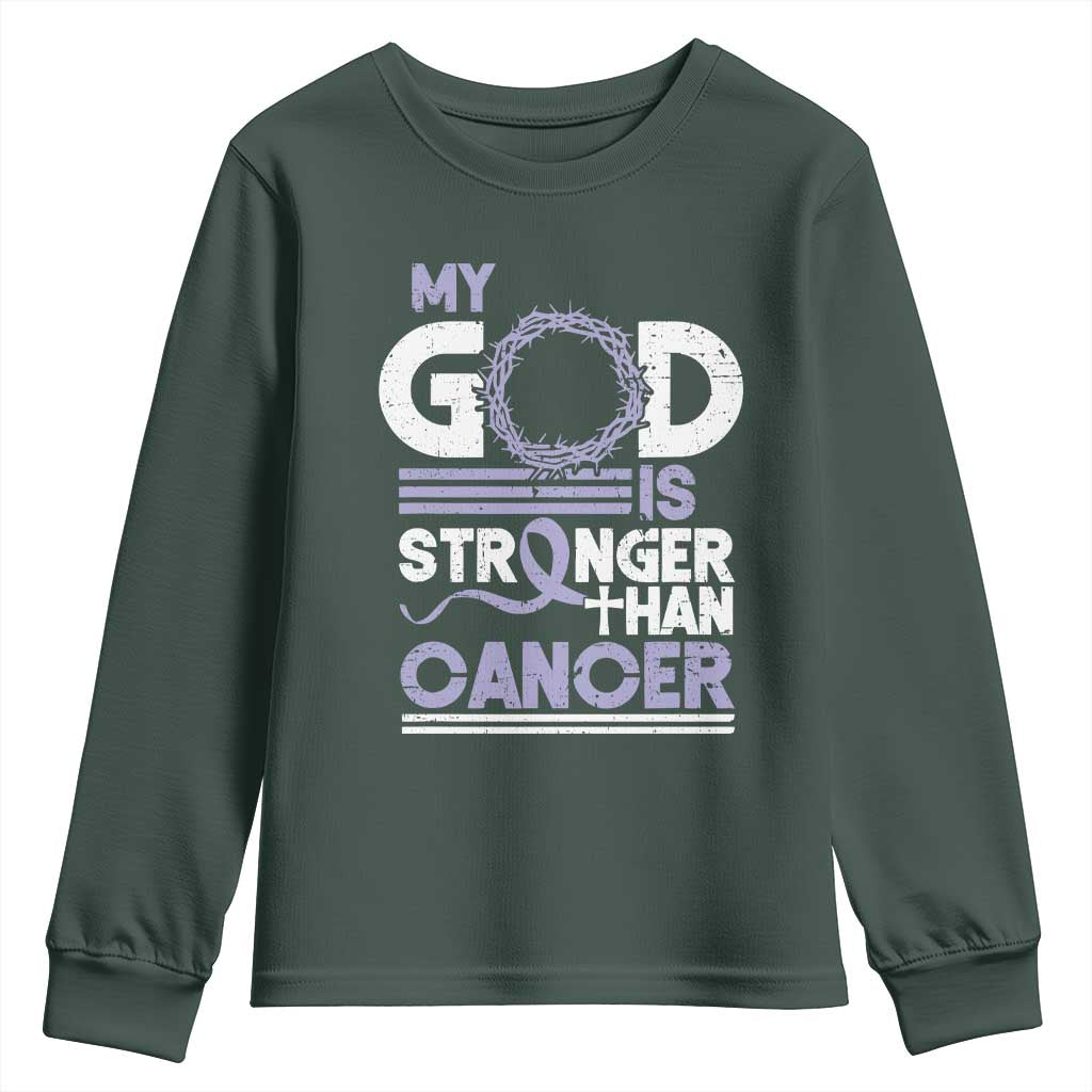 All Cancer Support Youth Sweatshirt My God Is Stronger Than Cancer Lavender Ribbon