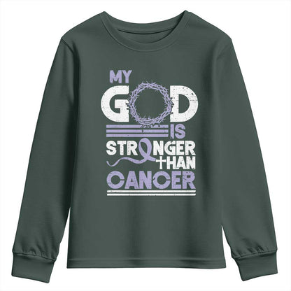 All Cancer Support Youth Sweatshirt My God Is Stronger Than Cancer Lavender Ribbon