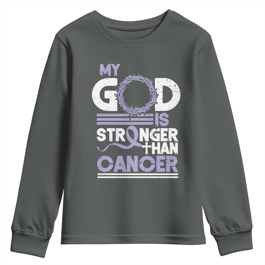 All Cancer Support Youth Sweatshirt My God Is Stronger Than Cancer Lavender Ribbon