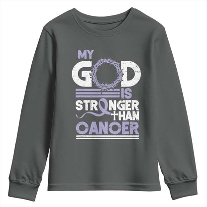 All Cancer Support Youth Sweatshirt My God Is Stronger Than Cancer Lavender Ribbon
