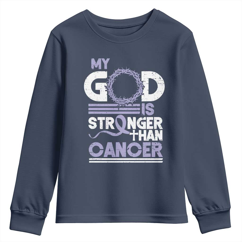 All Cancer Support Youth Sweatshirt My God Is Stronger Than Cancer Lavender Ribbon
