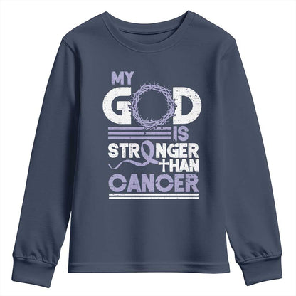 All Cancer Support Youth Sweatshirt My God Is Stronger Than Cancer Lavender Ribbon