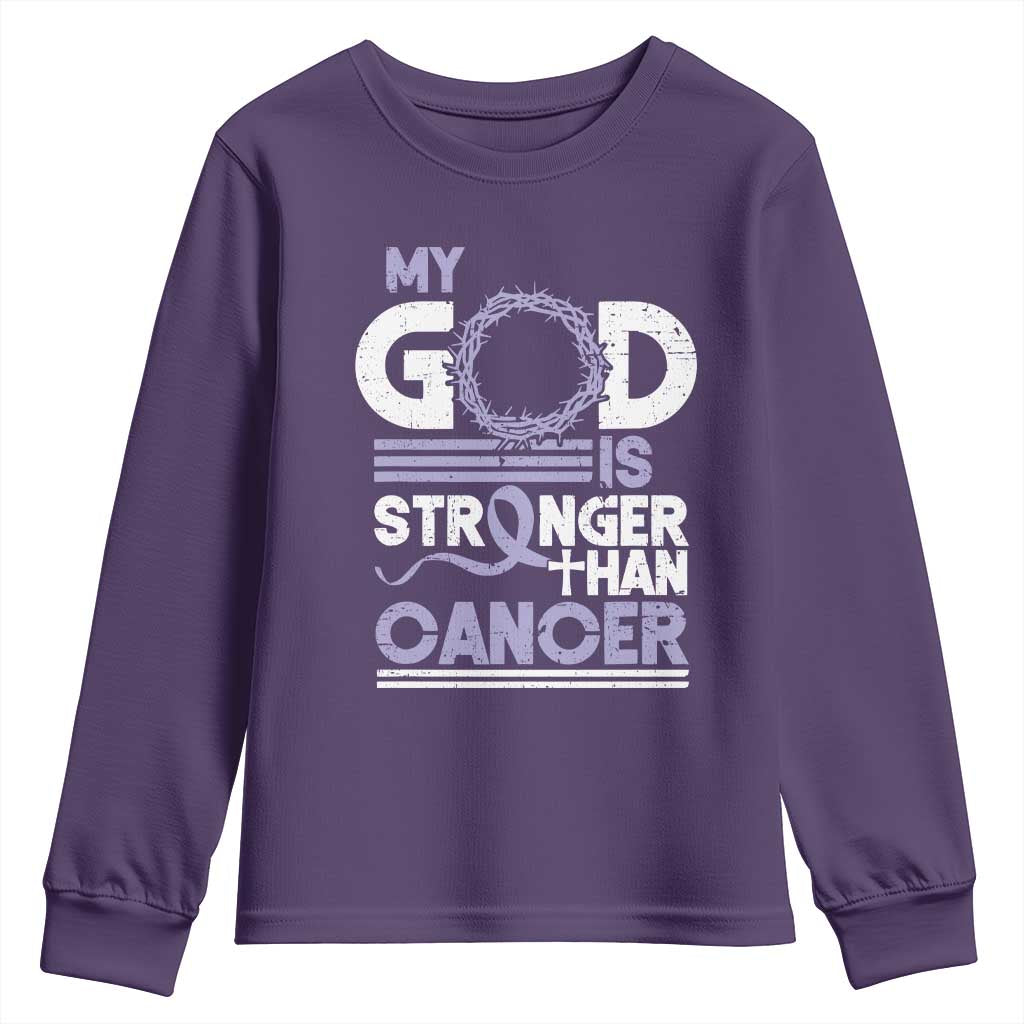 All Cancer Support Youth Sweatshirt My God Is Stronger Than Cancer Lavender Ribbon