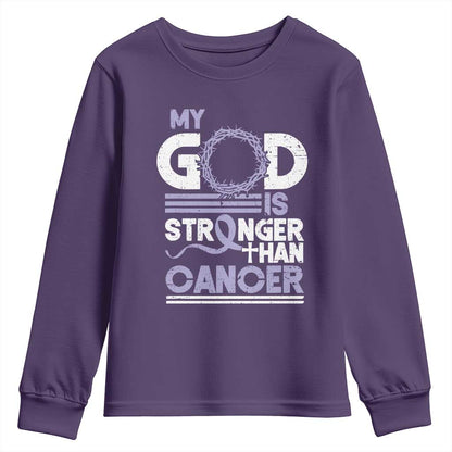All Cancer Support Youth Sweatshirt My God Is Stronger Than Cancer Lavender Ribbon