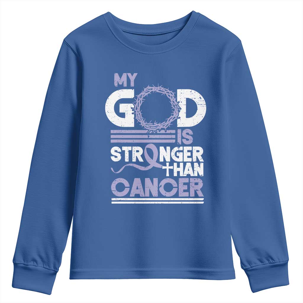 All Cancer Support Youth Sweatshirt My God Is Stronger Than Cancer Lavender Ribbon