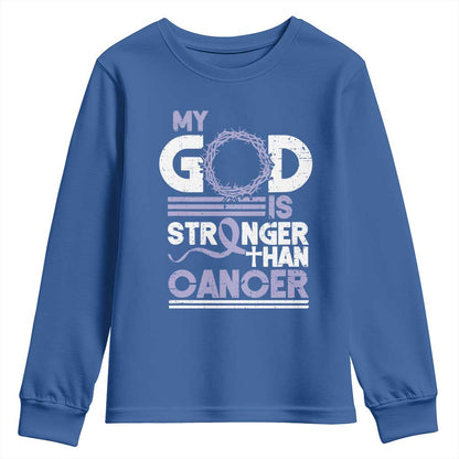 All Cancer Support Youth Sweatshirt My God Is Stronger Than Cancer Lavender Ribbon