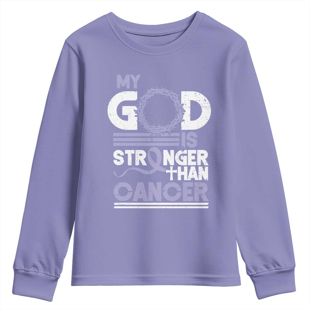 All Cancer Support Youth Sweatshirt My God Is Stronger Than Cancer Lavender Ribbon