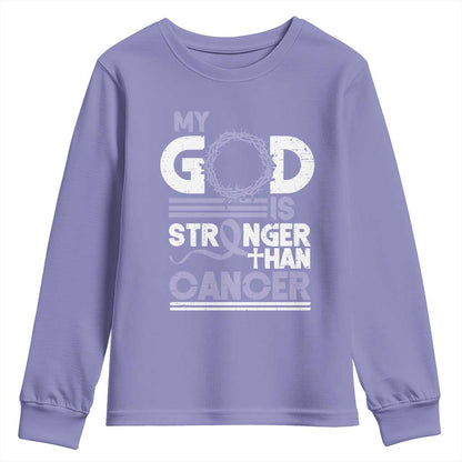 All Cancer Support Youth Sweatshirt My God Is Stronger Than Cancer Lavender Ribbon