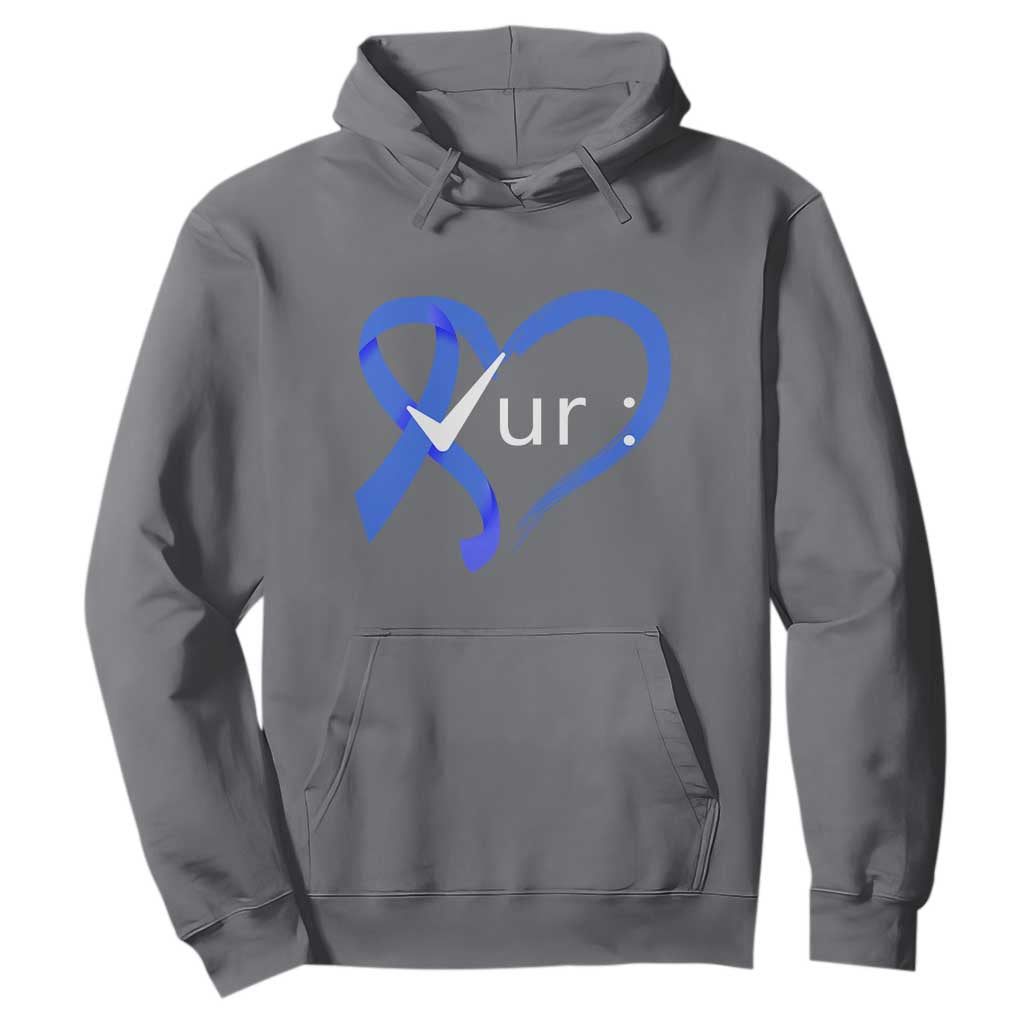 Funny Check Your Colon Colorectal Cancer Support Hoodie Dark Blue Ribbon Heart
