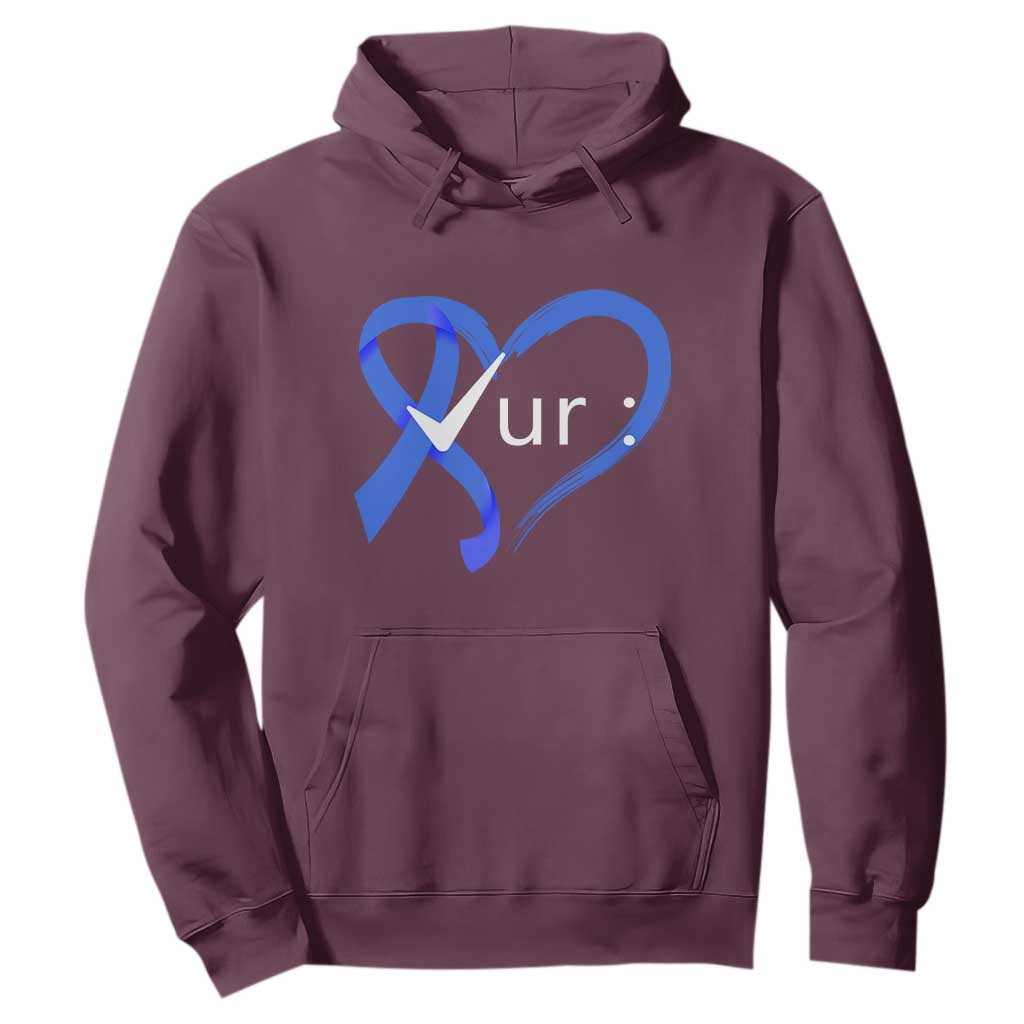 Funny Check Your Colon Colorectal Cancer Support Hoodie Dark Blue Ribbon Heart