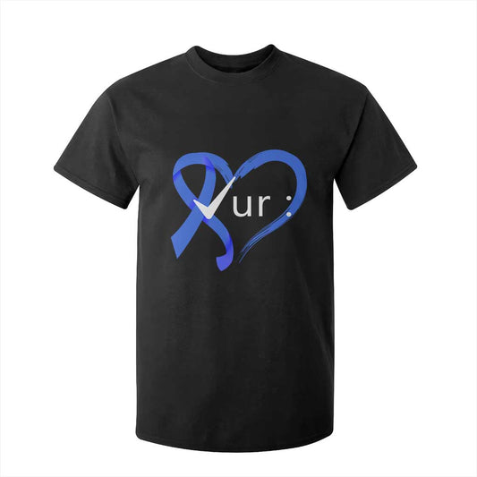 Funny Check Your Colon Colorectal Cancer Support T Shirt For Kid Dark Blue Ribbon Heart