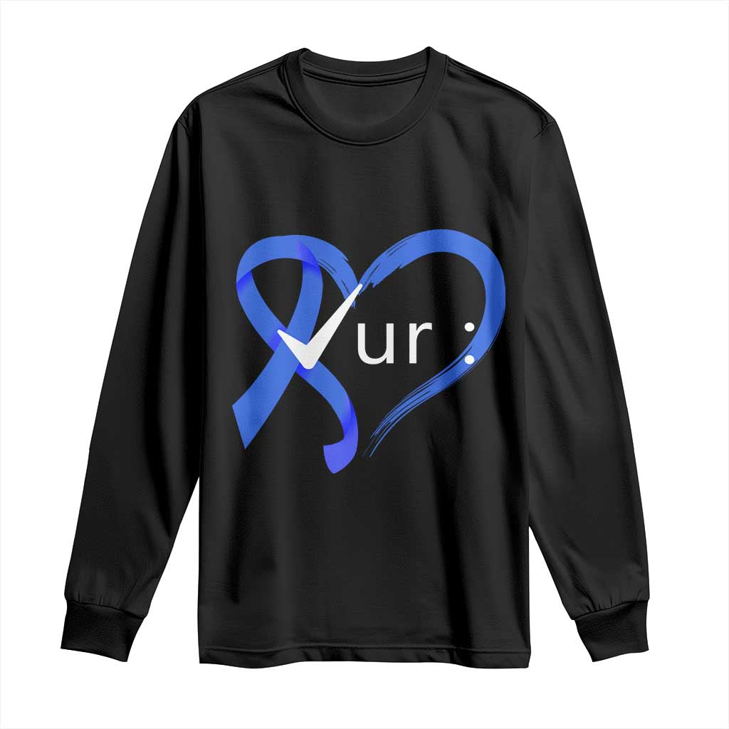 Funny Check Your Colon Colorectal Cancer Support Long Sleeve Shirt Dark Blue Ribbon Heart