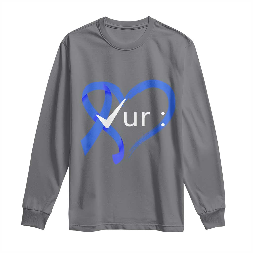 Funny Check Your Colon Colorectal Cancer Support Long Sleeve Shirt Dark Blue Ribbon Heart