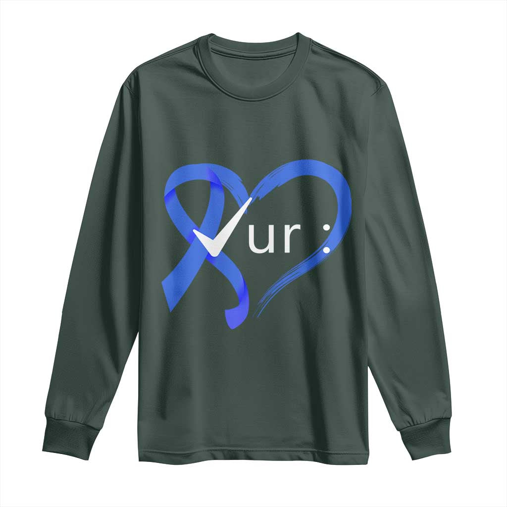 Funny Check Your Colon Colorectal Cancer Support Long Sleeve Shirt Dark Blue Ribbon Heart