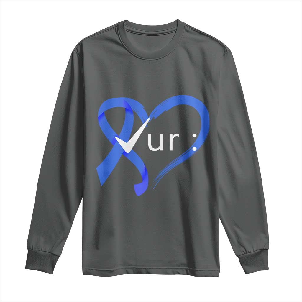 Funny Check Your Colon Colorectal Cancer Support Long Sleeve Shirt Dark Blue Ribbon Heart