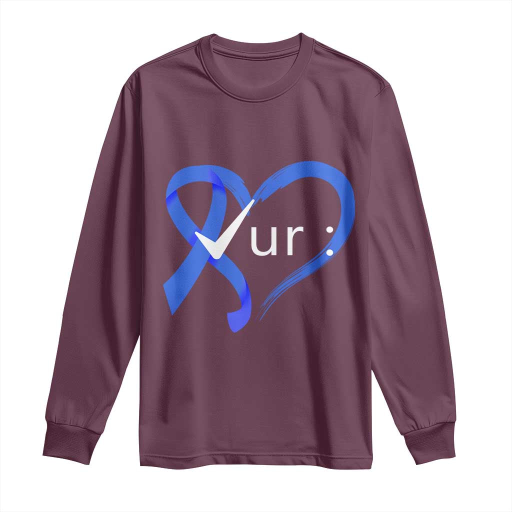 Funny Check Your Colon Colorectal Cancer Support Long Sleeve Shirt Dark Blue Ribbon Heart
