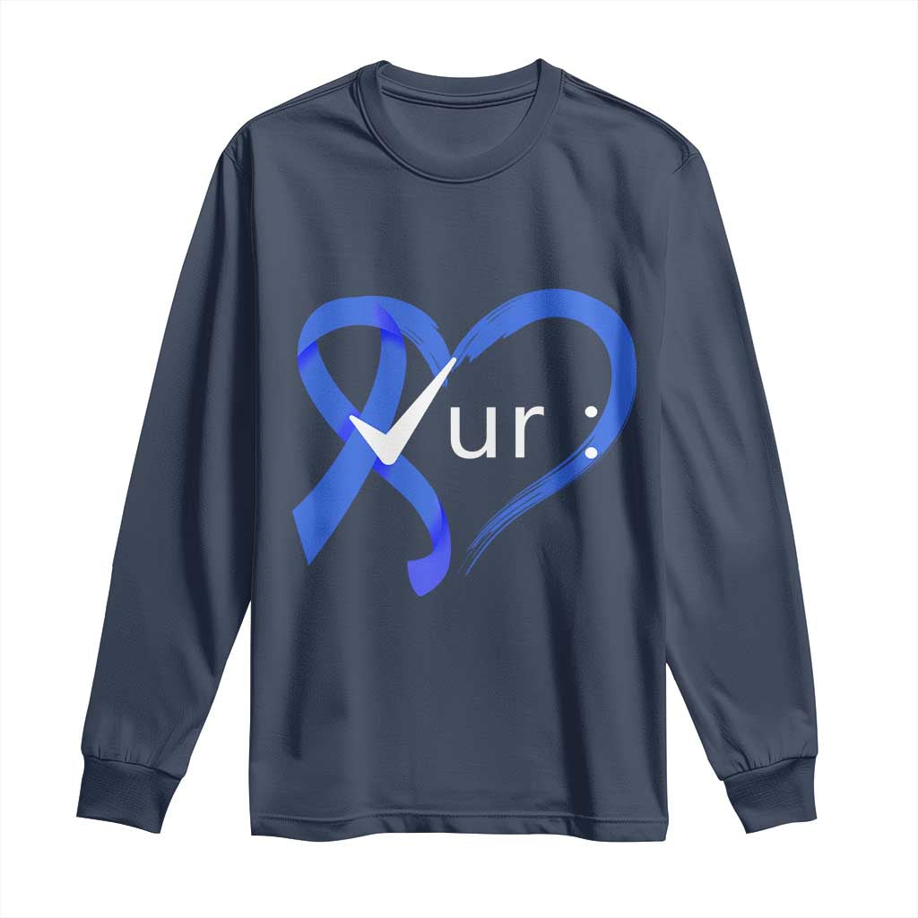 Funny Check Your Colon Colorectal Cancer Support Long Sleeve Shirt Dark Blue Ribbon Heart