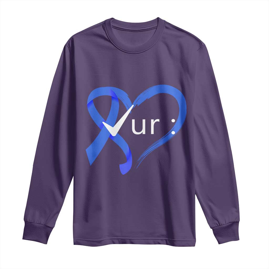 Funny Check Your Colon Colorectal Cancer Support Long Sleeve Shirt Dark Blue Ribbon Heart
